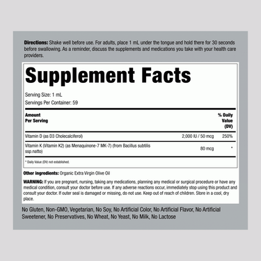 Supplement Facts for Vitamin K2 80 mcg and D3 2000IU in a 2 oz liquid form.