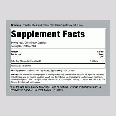 Supplement Facts for Cat's Claw 1000 mg capsules, 200 count.