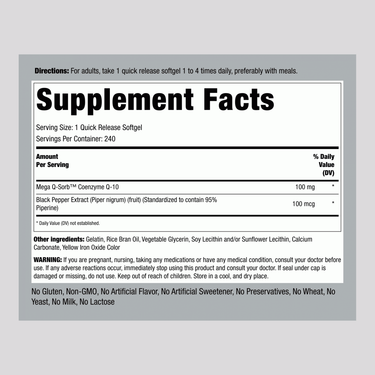 The supplement label shows Absorbable Co Q10 details with 100 mg per softgel and a count of 240 softgels.