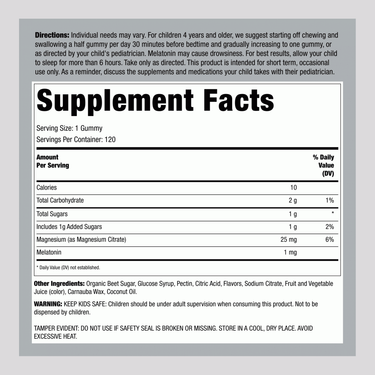 Supplement Facts panel for NV Kids Calm Sleep with Magnesium and Melatonin, Berry flavor, 120 Gummies.