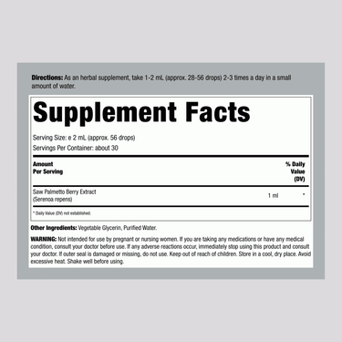 Supplement Facts panel for Saw Palmetto Berry Liquid Extract AF, 2 fl oz, detailing contents and nutritional information.