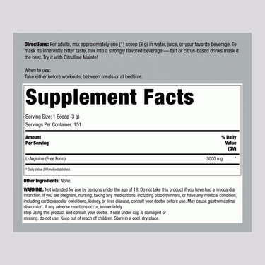The Supplement Facts panel for L-Arginine Powder weighing 1 lb (454 g).