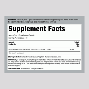 Hydrangea Root, 1000 mg (per serving), 100 Quick Release Capsules