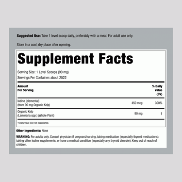 Supplement Facts panel displayed for the Organic Kelp Powder 8 OZ packaging.