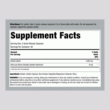 Gelatin (Beef) plus Silica Optimizer, 2,160 mg (per serving), 250 Quick Release Capsules