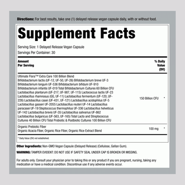 Supplement Facts panel for Ult Flora Extra Care 100 Billion in 30 vegetable capsules.