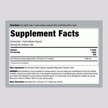 CL Corn Silk 1200 mg 200 Capsules Supplement Facts panel detailed.