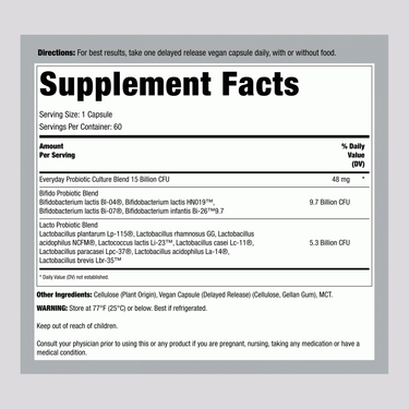 Supplement Facts panel for Ult Flora Everyday, detailing 15 billion CFU per serving size with other ingredients listed.