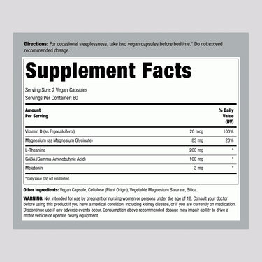 Supplement Facts panel for Calm Sleep Magnesium Glycinate plus Melatonin, 120 veggie capsules.