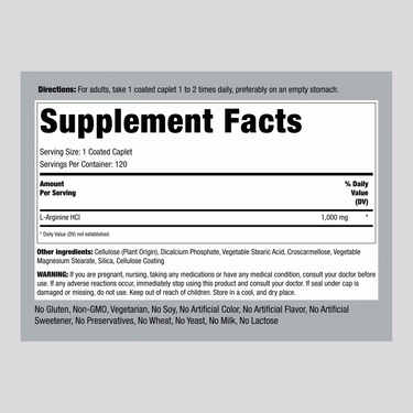 Supplement Facts panel detailing L-Arginine 1000 mg Coated Caplets, pack of 120.