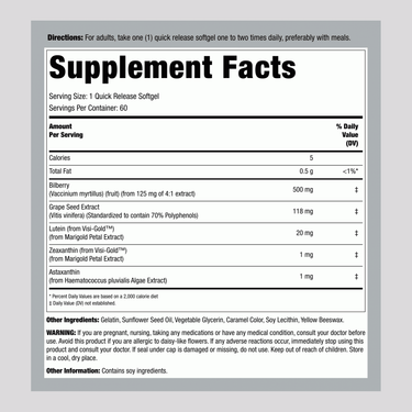 Image of Supplement Facts panel for LN Eye Support with Lutein, containing 60 softgels.