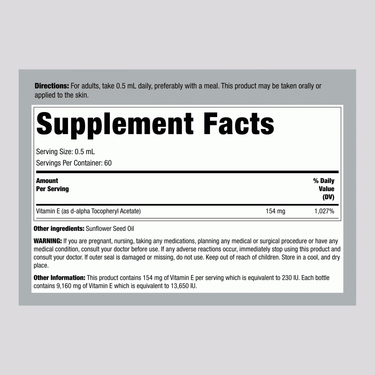 100% Natural Vitamin E-Oil, 13,800 IU, 1 fl oz (30 mL) Dropper Bottle