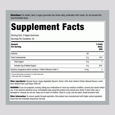 Supplement Facts panel for Digestive Probiotic 50 Gummies, displaying ingredients and nutritional information clearly.