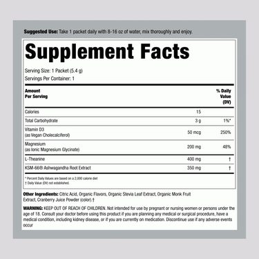 Supplement Facts for PB Max Calm Raspberry Lemon, detailing nutritional values and ingredients as shown on the product label.