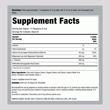 Supplement Facts panel for PB Max Calm Jar 8 oz, detailing ingredients, serving size, nutrient values, and daily value percentages.