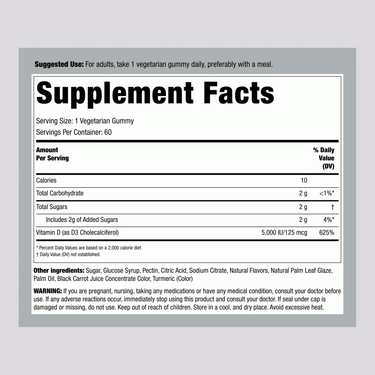 Supplement Facts for NT D3 5000 IU (125 mcg) 60 Gummies.