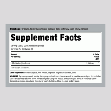 L Methionine, 1000 mg (per serving), 100 Capsules