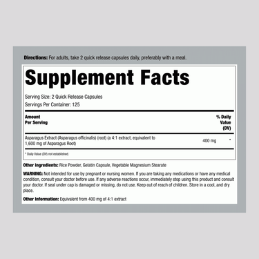 Asparagus, 1600 mg (per serving), 250 Quick Release Capsules