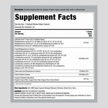 Supplement Facts panel for Ultimate Flora Extra Care 150 Billion 30 Veg Capsules.
