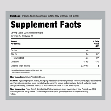 Grass Fed Beef Tallow, 3120 mg (per serving), 200 Softgels