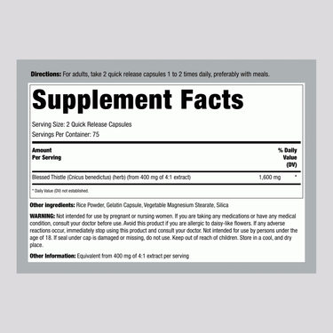 Supplement Facts label showing Blessed Thistle 1600 mg, 150 capsules.