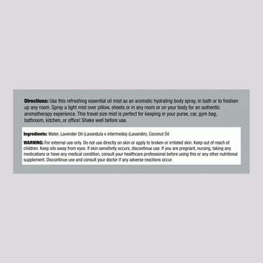 Supplement Facts panel for NT Lavender Spray 2.4 oz bottle, detailing ingredients and nutritional information.