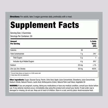 Supplement Facts for Zinc 50 mg, 60 gummies.