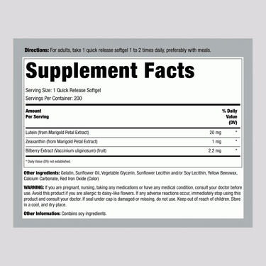 Lutein Bilberry Eye Vision Guard + Zeaxanthin, 200 Quick Release Softgels