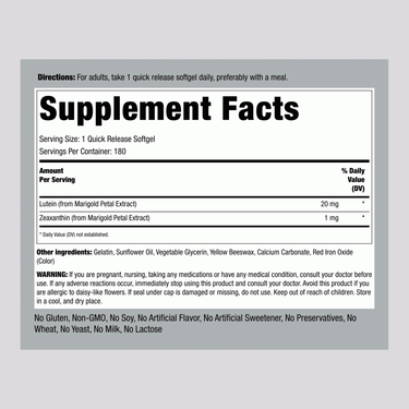 Lutein + Zeaxanthin, 20 mg, 180 Quick Release Softgels