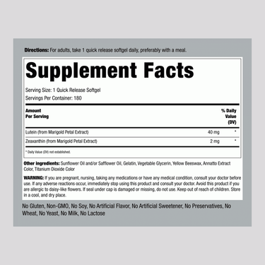 Supplement Facts for Lutein + Zeaxanthin 40 mg, 180 Softgels product.