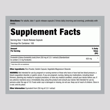 Forskohlii Coleus (Standardized Extract), 625 mg, 100 Quick Release Capsules