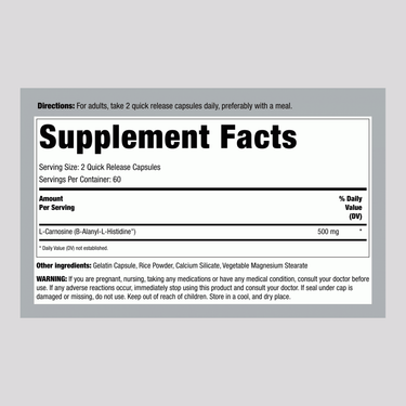 Image of the Supplement Facts panel for L Carnosine tablets, showing a dosage of 500 mg per serving.