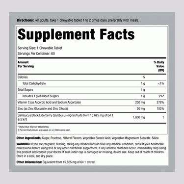 Supplement facts panel for Elderberry + C & Zinc with 60 chewable tablets.