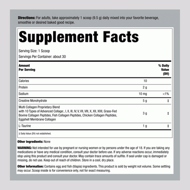 Displays the Supplement Facts panel for Creatine + Collagen Powder.