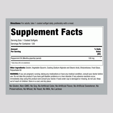 Supplement Facts label for Ultra Peppermint Oil 50 mg, featuring 120 coated softgels.