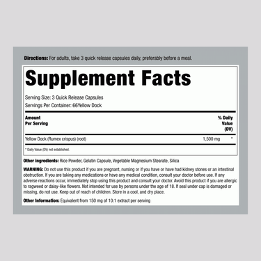 Yellow Dock Root, 1500 mg (per serving), 200 Quick Release Capsules