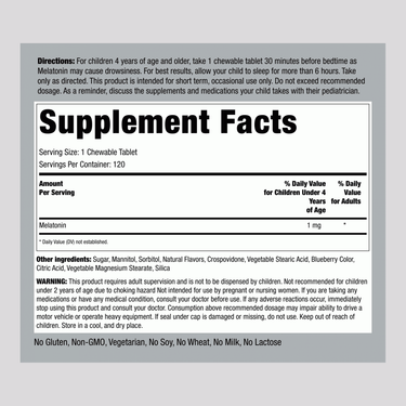 Supplement Facts panel for PIP Kids Melatonin 1 mg, 120 Tablets.
