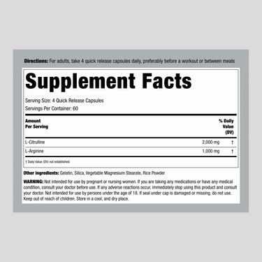 Supplement Facts panel highlighting the details for FL Nitric Oxide Max 240 Capsules.