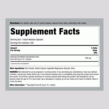Supplement Facts for Scullcap Herb 800 mg Capsules 200-count.
