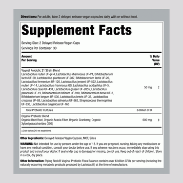 Supplement Facts panel of Vaginal Probiotic with 60 capsules.