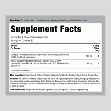 Supplement Facts for Urinary + Vaginal Probiotic, 60 capsules.