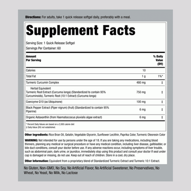 Supplement Facts panel for PIP Curcumin + Coq10 Astaxant 60 Softgels displayed.