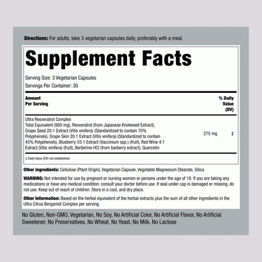Supplement Facts panel for PIP Resveratrol Berberine Grapesd Q Comp 90 Caps, detailing ingredients and nutritional information.