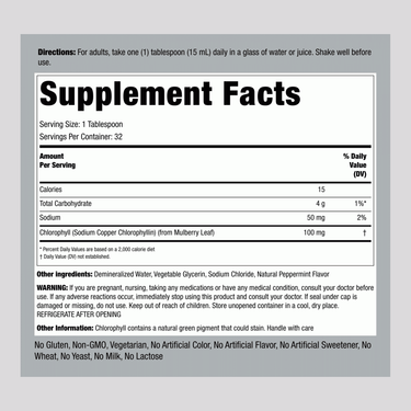Image shows the Supplement Facts panel for Liquid Chlorophyll, detailing its nutritional information in a 16 OZ bottle.