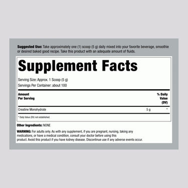 Supplement Facts panel detailing ingredients and nutritional information for NCL neoCreatine Mono.