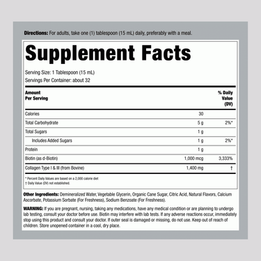 Supplement Facts panel shows details for NT Collagen Liquid, 8 fl oz. Includes ingredients, serving size, and nutritional facts.