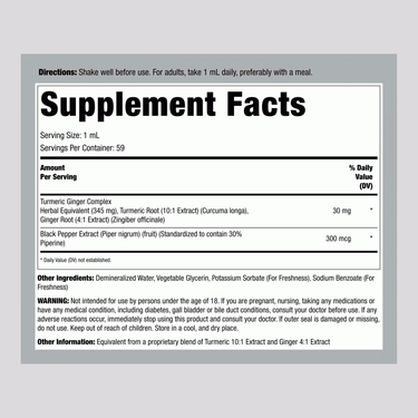 Detailed Supplement Facts panel for Liquid Turmeric Plus Ginger, 2 oz.
