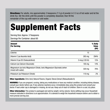 This image shows the Supplement Facts panel for Magnesium + Calcium Powder 16 OZ.