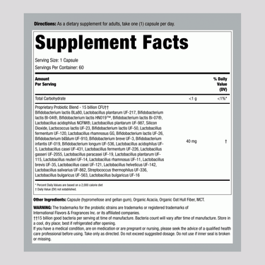 Supplement Facts label for PB8 Immune Probiotic 60 Capsules.