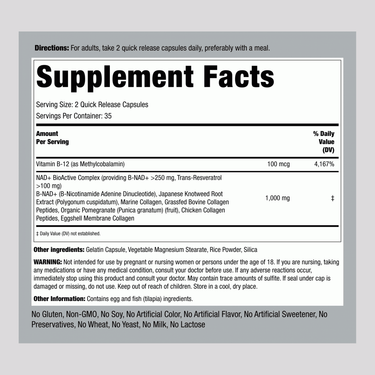 Detailed view of the Supplement Facts panel for NAD Collagen Resveratrol 70 Capsules.